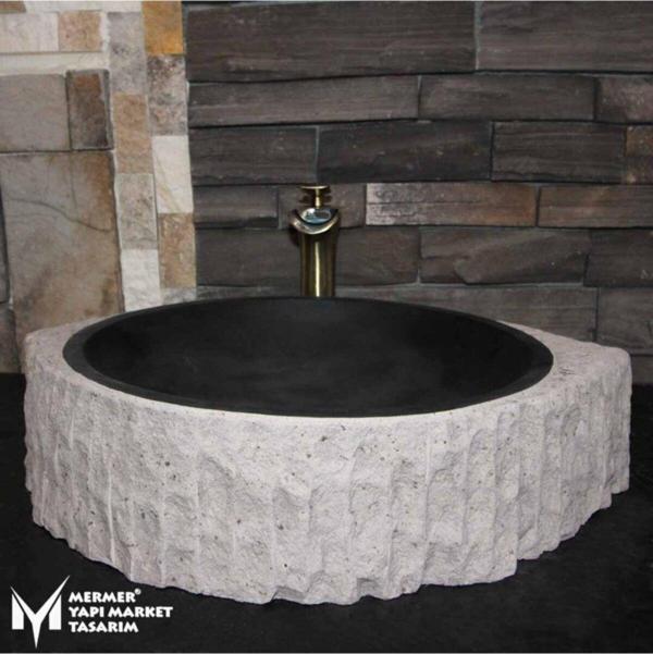 Mym Mermer Yapı Market Bazalt Dışı Patlatma Üçgen Kenar Lavabo - Image 1