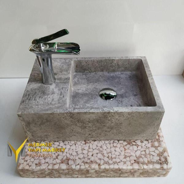 Mym Mermer Yapı Market Gümüş Traverten Batarya Çıkışlı Köşeli Lavabo - Image 1