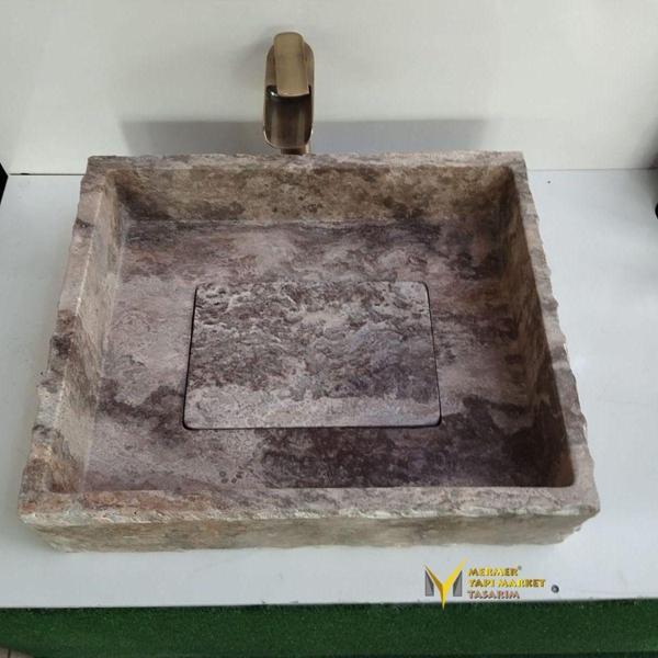 Mym Mermer Yapı Market Gümüş Traverten Gizli Giderli Tasarım Lavabo - Image 1