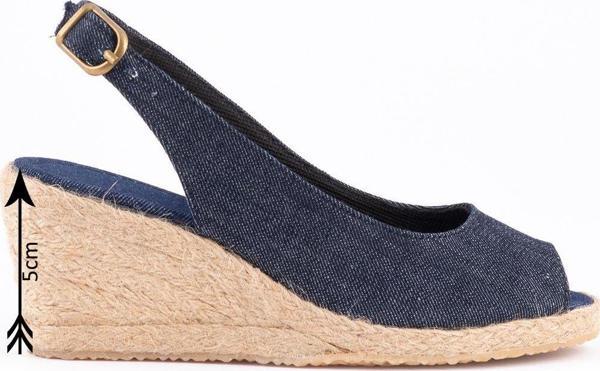 Mavi 5cm Topuklu Burnu Açık Arkası Bantlı Dolgu Topuk Kot Mavi Keten Hasır Espadril - Image 1