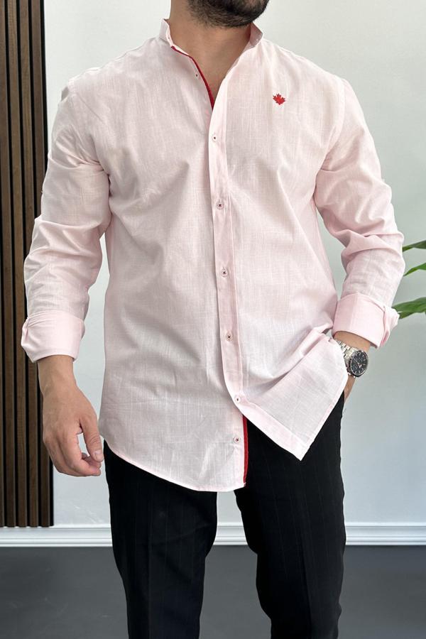 Erkek Slim Fit Keten Görünümlü Pamuklu Gömlek Pembe Edw087 - Image 1