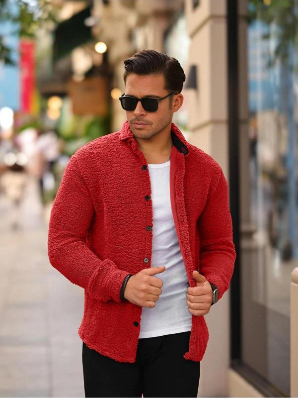 Erkek Slim Fit Peluş Gömlek Kırmızı Edw014 - Image 1