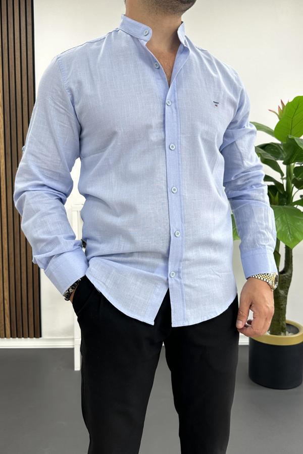 Erkek Hakim Yaka Pamuklu Uzun Kollu Gömlek Açık Mavi Edw174 - Image 1
