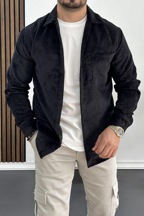 Erkek Kadife Kumaş Gömlek Siyah Edw214 - Image 1