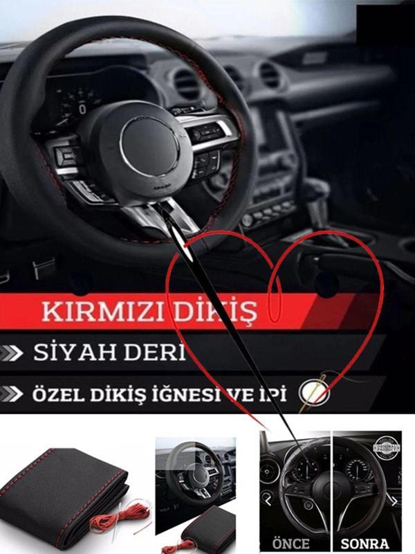 Ucuzasepetim Peugeot 407 Deri Direksiyon Kılıfı Dikmeli Kırmızı Dikişli - Image 1