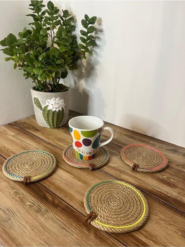 Bright3 Bardak Altlığı, El Yapımı, Jüt, Mutfak, Sunumluk 4 Adet 12 Cm Doğal Jüt Hasır Örgü - Image 1