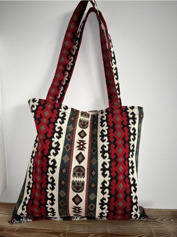 Bright3 Etnik Desen Tote Çanta, İç Cepli, Kumaş Omuz Çantası - Image 1