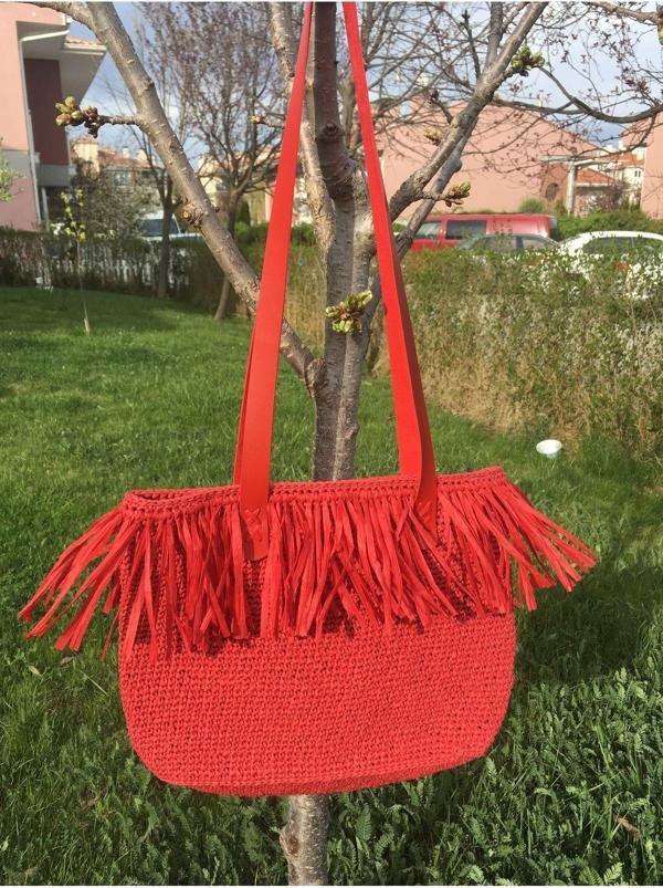 Bright3 Kırmızı Püsküllü El Yapımı Astarlı, Deri Askılı ,Örgü Çanta, Çıtçıtlı, Kağıt Rafya İp - Image 1
