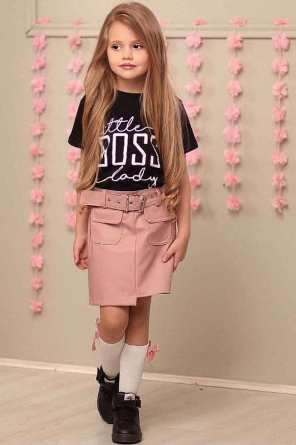 Kız Çocuk Little Boss Yazı Baskılı T-Shirt Cep Detaylı Kemerli Pudra Deri Etekli Takım - Image 1