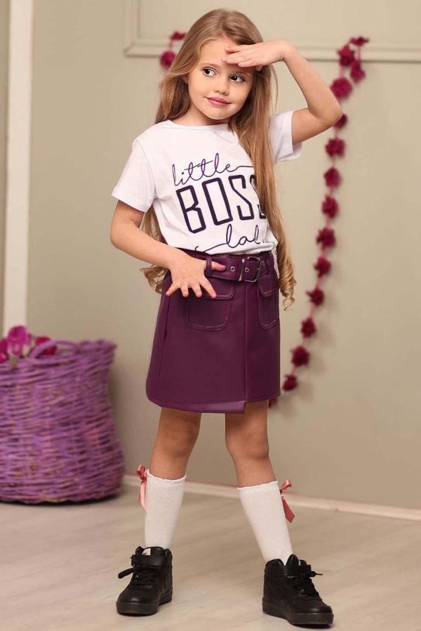 Kız Çocuk Little Boss Yazı Baskılı T-Shirt Cep Detaylı Kemerli Bordo Deri Etekli Takım - Image 1