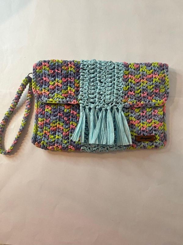 Bright3 Mavi Püsküllü , El Yapımı, Astarlı, Çıtçıtlı, Ebruli Kağıt İp, Clutch El Çantası - Image 1
