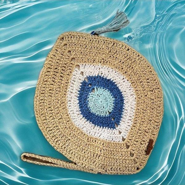 Bright3 Nazar Boncuklu , El Yapımı, El Örgüsü, Clutch , Portföy Çanta, Fermuarlı, Astarlı, Mavi Püsküllü, - Image 1