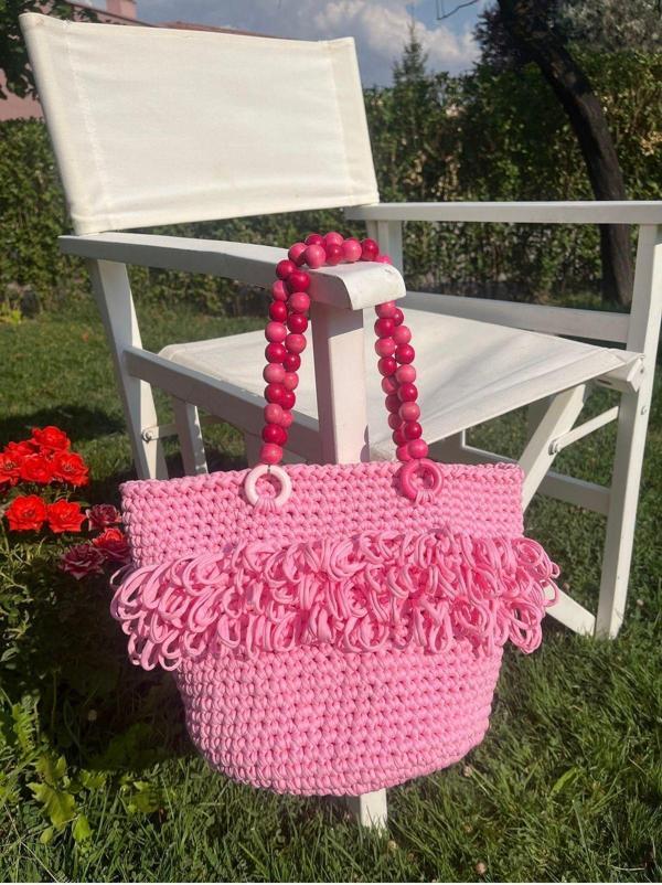 Bright3 Pembe Penye İp El Yapımı Çanta, Tahta Boncuk Askı, Gül Desenli Astar - Image 1