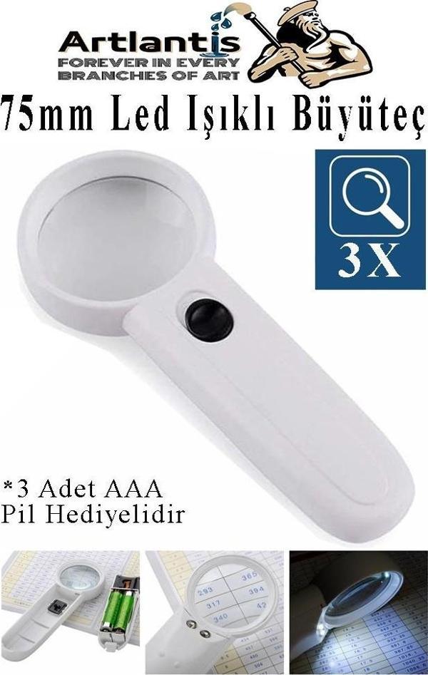 Led Işıklı Büyüteç 75 mm 1 Adet 3X Büyütme Optik Büyüteç El Tipi Işıklı Lens Taşınabilir Okul Büro Ofis - Image 1