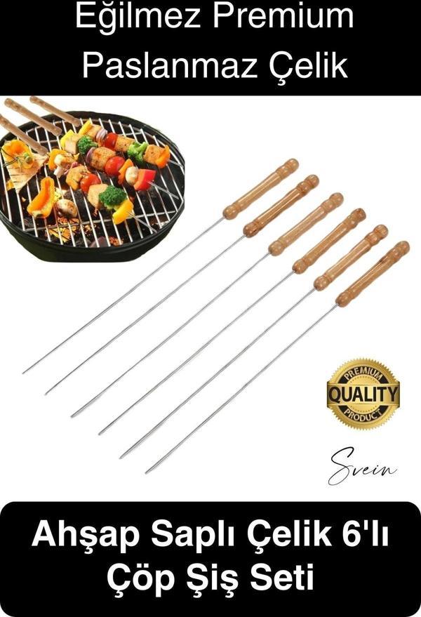 6 Adet Yüksek Kalite Ahşap Saplı Mangal Ciğer Kuşbaşı Kebap Şiş Paslanmaz Çelik Adana Urfa Izgara - Image 1