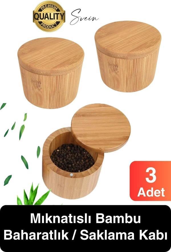 Premium Doğal Bambu Saklama Kabı Ahşap Baharat Kavanozu Kutusu Döner Kapaklı Mutfak Yuvarlak Tuz - Image 1