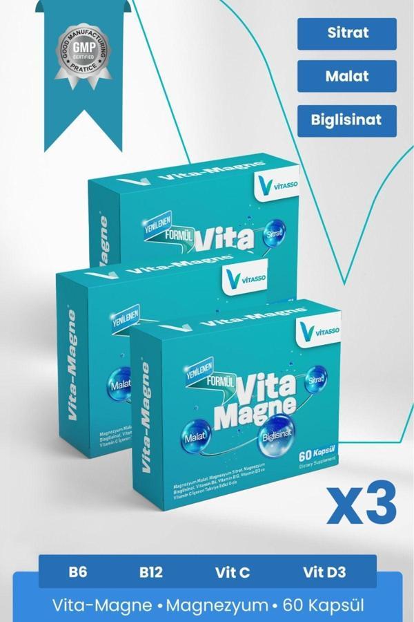 Vitasso Magnezyum 3'Lü Vitamagne Yetişkinler Için Vitamin B6-B12-D-D3 Magnezyum Mineral Gıda Takviyesi - Image 1