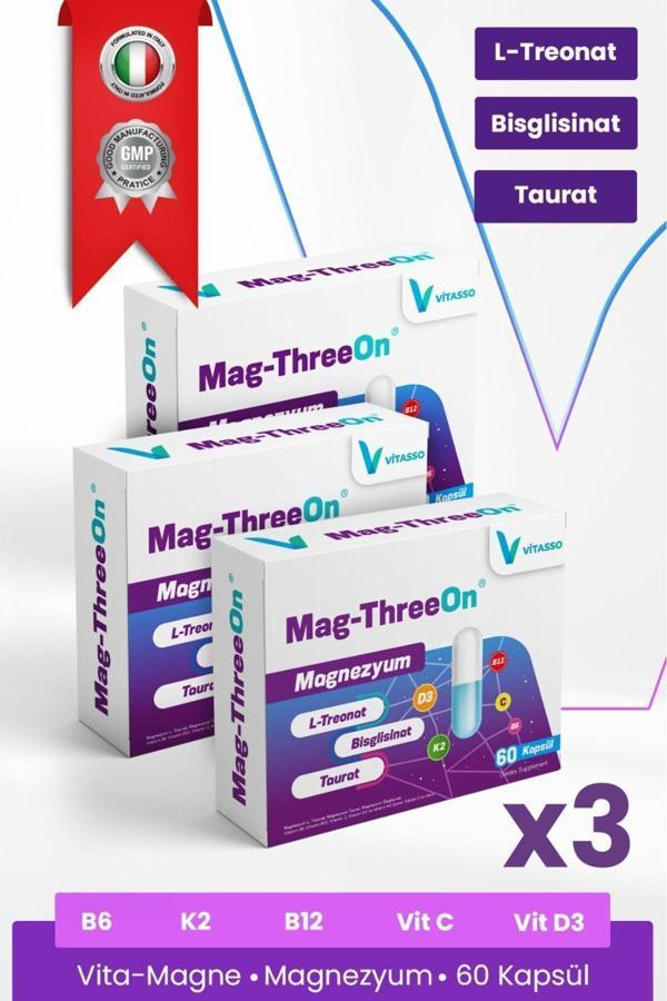 Vitasso Magnezyum 3'Lü Paket Magthreeon 60 Kapsül Yetişkinler Için Vitamin Ve Magnezyum Gıda Takviyesi - Image 1