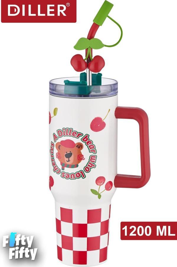 DILLER Quencher Cup 1200 ML Pipetli/Rahat İçim Kulplu Paslanmaz Çelik Termos -FFDILLERD9221 - Image 1