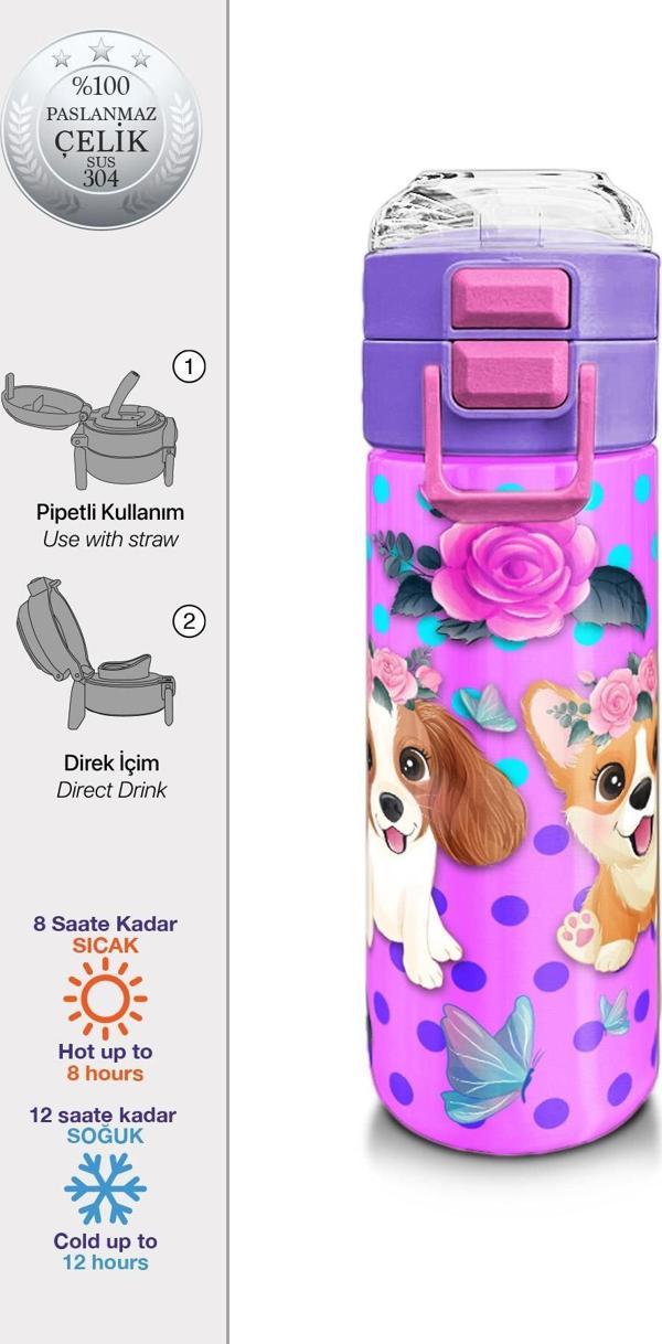 Coral High Kids Pembe Köpek Desenli Pipetli ve Direkt İçim Çelik Termos 500 ml 31951 - Image 1