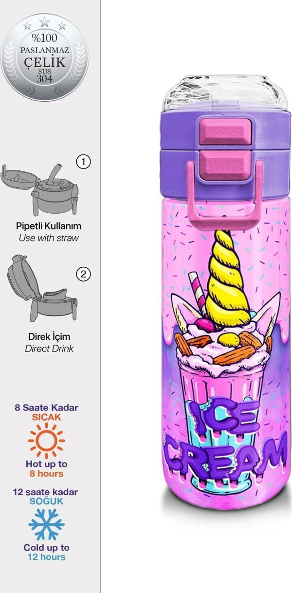 Coral High Kids Pembe Mor Milkshake Dondurma Desenli Pipetli ve Direkt İçim Çelik Termos 500 ml 31950 - Image 1