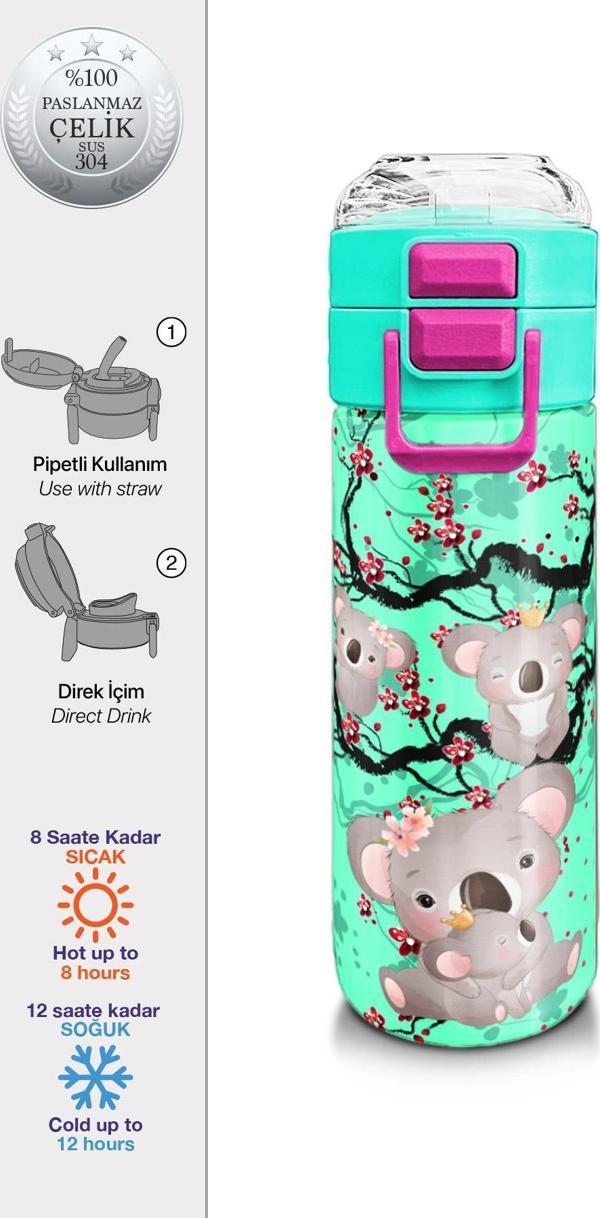 Coral High Kids Su Yeşili Koala Desenli Pipetli ve Direkt İçim Çelik Termos 500 ml 31927 - Image 1