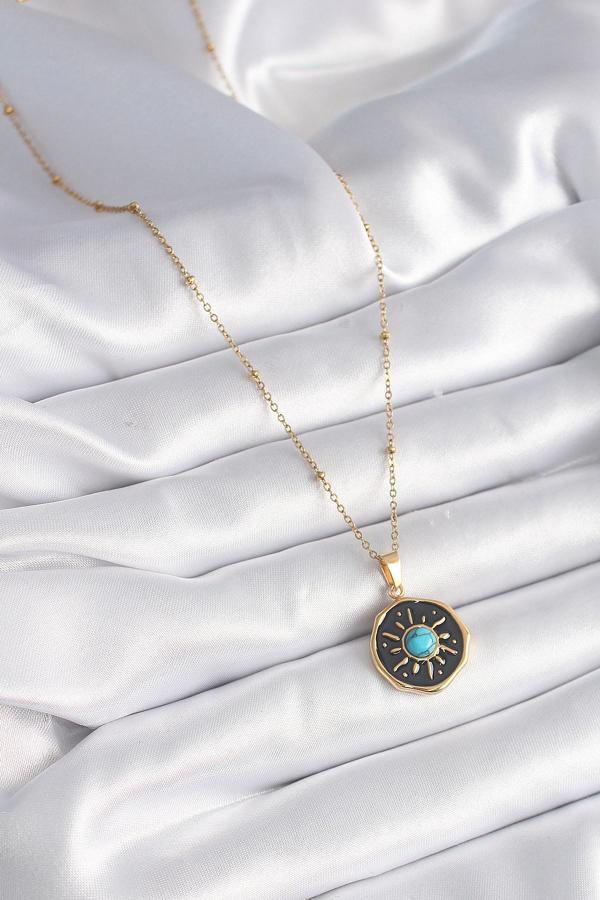 Zarif Kadın için Golden Çelik Mavi Boncuk Güneşli Madalyon Kolye - Image 1