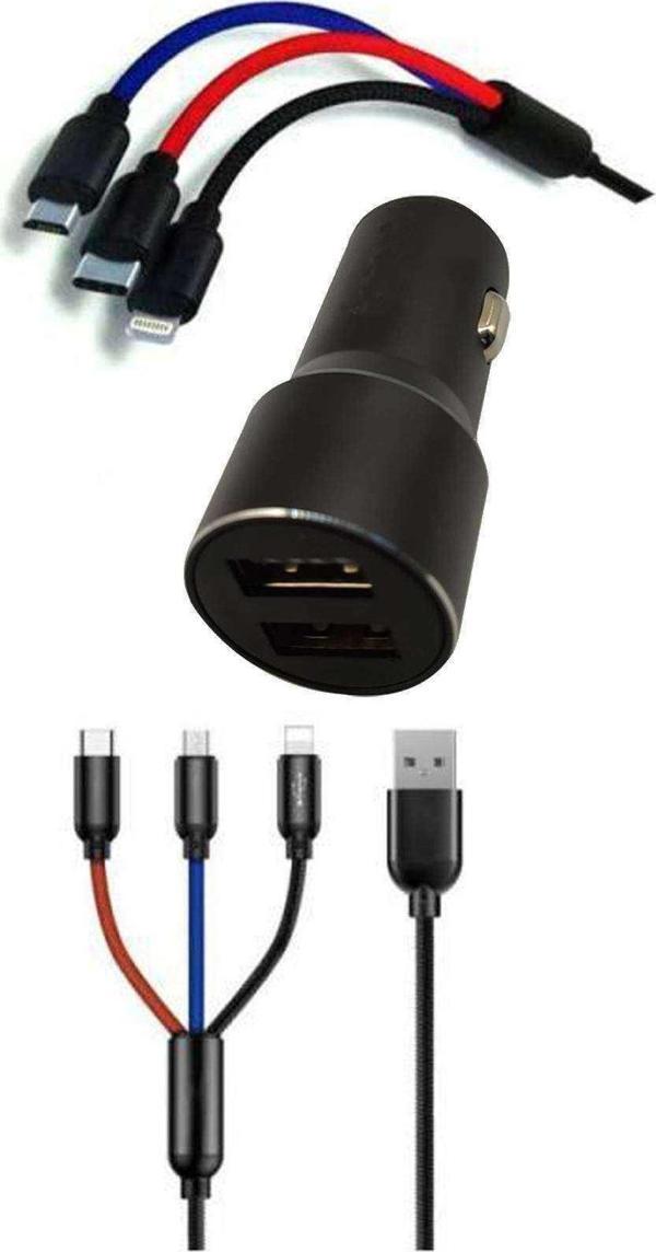 Çoklu Hızlı Şarj Kablosu ve Seyahat Araç Şarj Soketi Type-C Mikro İphone Uyumlu 1.2 Metre 3A - Image 1