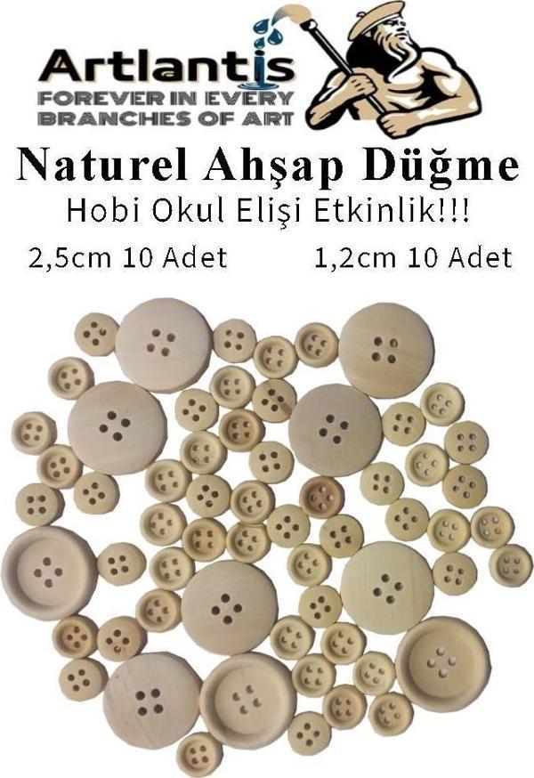 Düğme Naturel Ahşap 60 Adet 1 Paket Okul Kreş Sanat Etkinlik Anasınıfı 1,2cm 50 Adet 2,5cm 10 Adet - Image 1