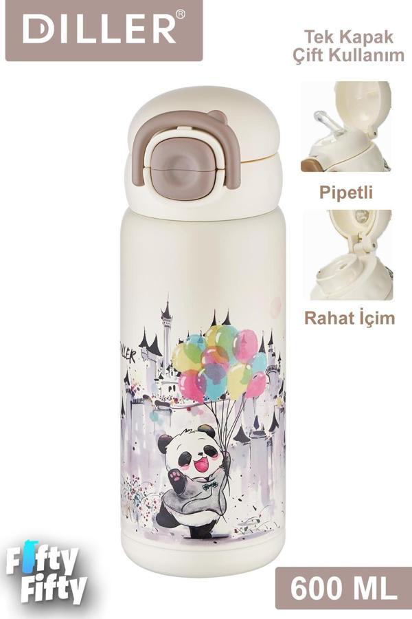DILLER 600 ML Tek Kapak Çift Kullanım Pipetli/Pipetsiz Taşıma Kulplu Vacum Cup/Çelik Termos -FFDILLERD9252 - Image 1