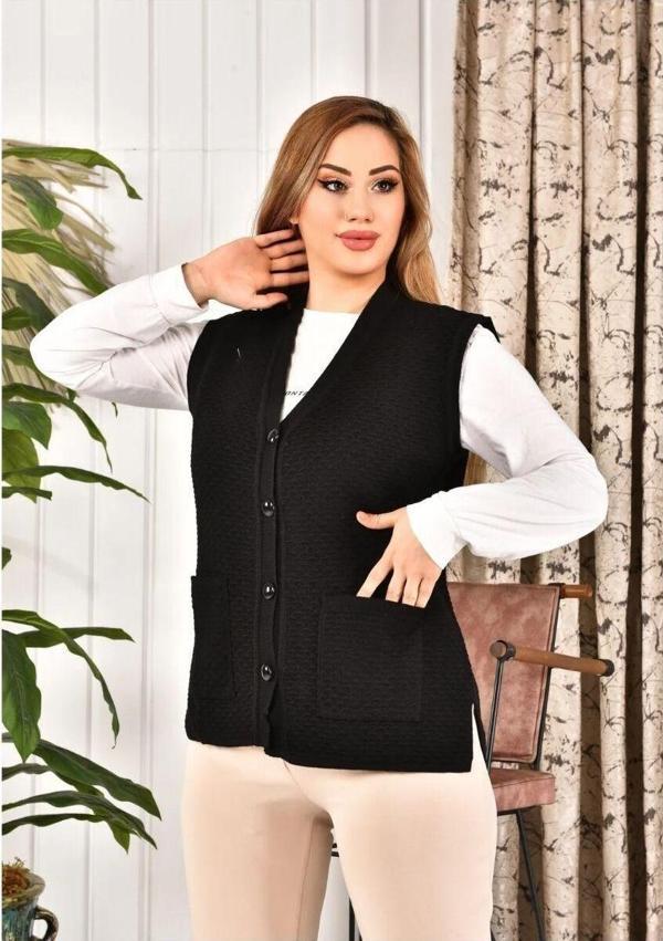 Lonca Tekstil Kadın Düğmeli Siyah Renk Triko Anne Yeleği Büyük Beden Cepli Rahat Kesim Yelpaze Desen L - Image 1