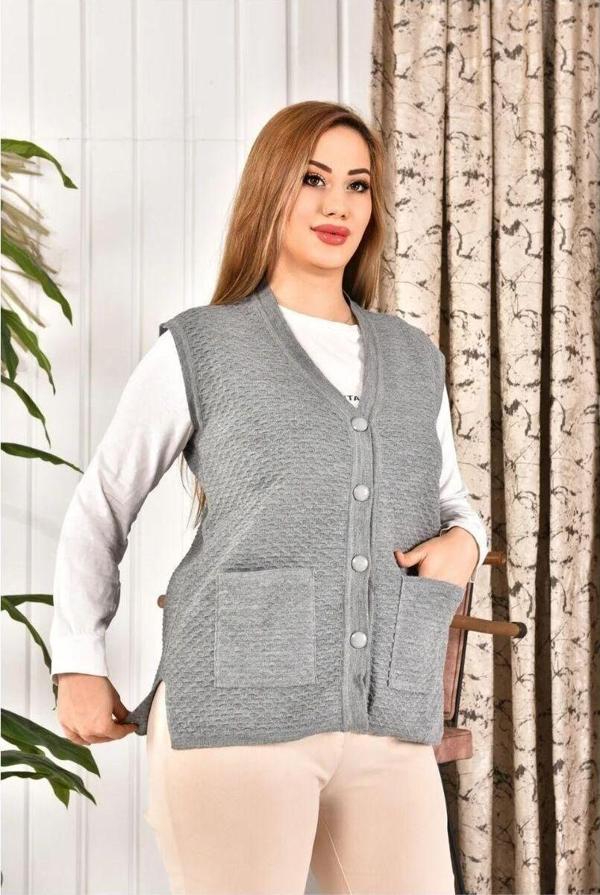 Lonca Tekstil Kadın Düğmeli Triko Gri Renk Anne Yeleği Büyük Beden Cepli Rahat Kesim Yelpaze Desen L - Image 1