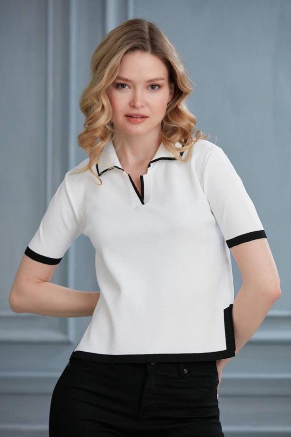 Lonca Tekstil Polo Yaka Yırtmaç Detaylı Beyaz Kadın Kısa Kol Triko Standart - Image 1