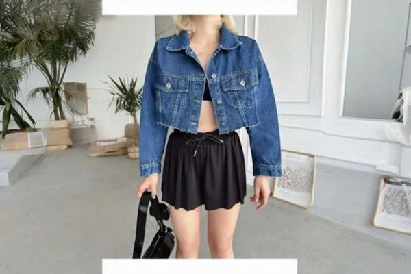 Kadın Lazer Kesim Cep Detaylı Crop Denim Ceket-Koyu Mavi - Image 1