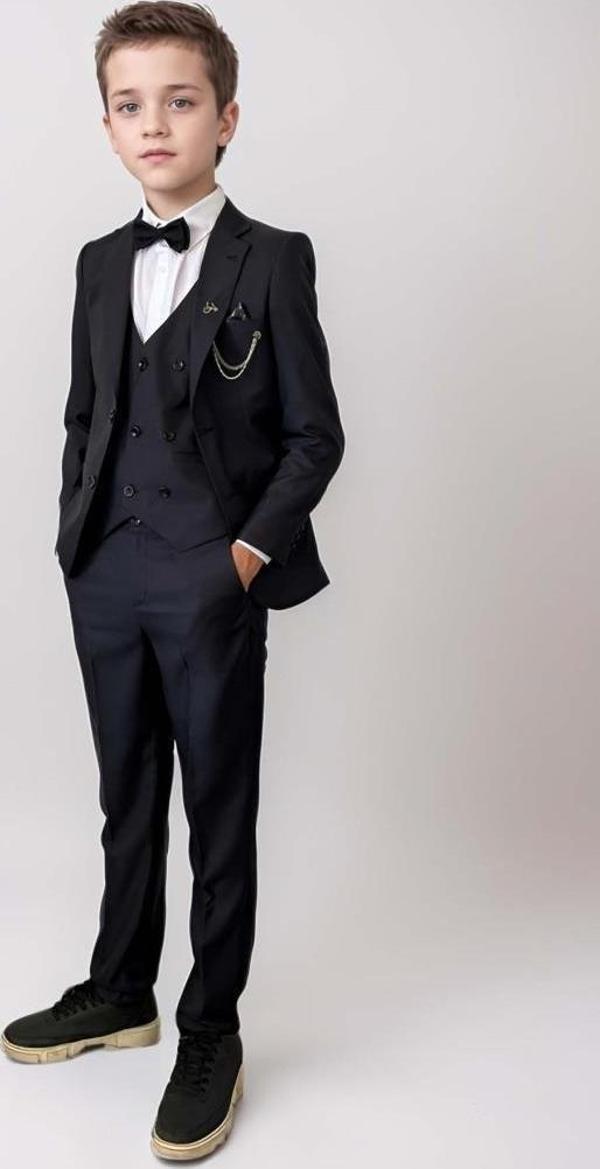 Erkek Çocuk Blazer Ceketli, Cepken Yelekli Siyah Takım Elbise 10-16 Yaş - Image 1