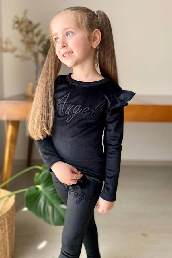 Kız Çocuk Omuzlarında Fırfır Detayı Angel Yazı İşlemeli Kadife Siyah Taytlı Takım - Image 1