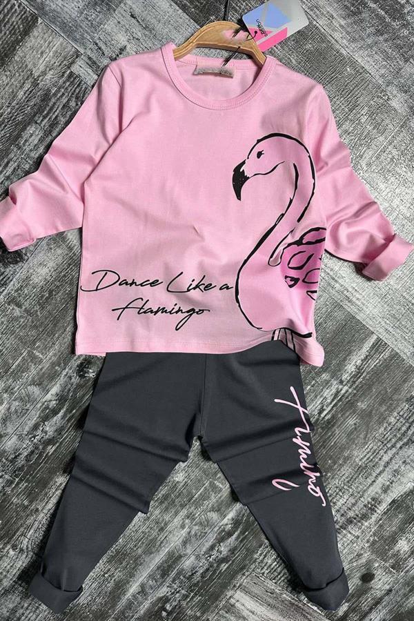 Kız Çocuk Flamingo Baskı ve Yazı Detaylı Pembe Taytlı Takım - Image 1