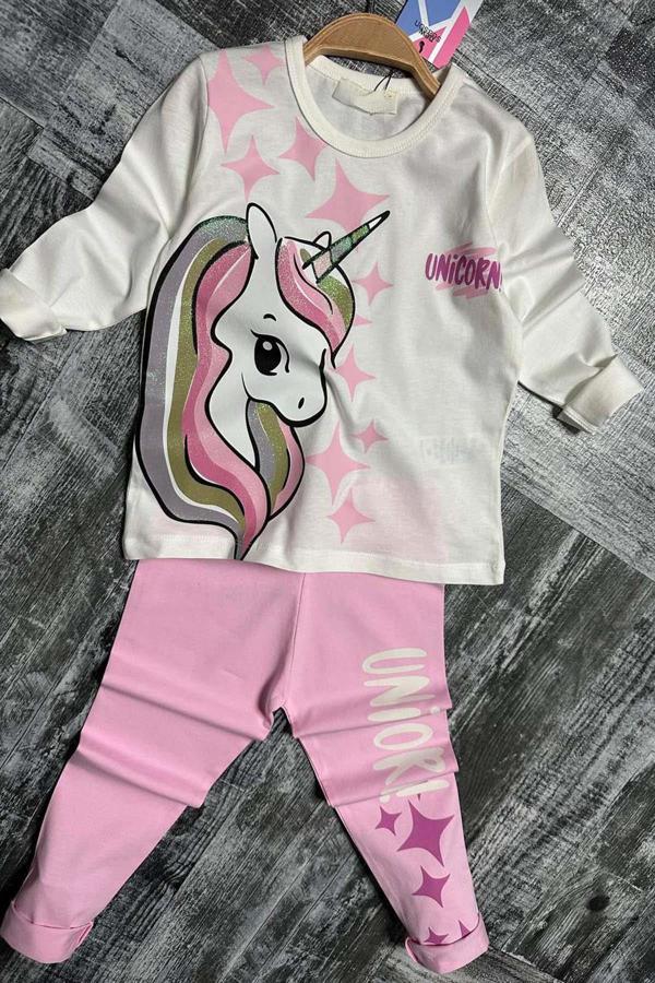 Kız Çocuk Üzeri Yıldız ve Unicorn Baskılı Pembe Taytlı Takım - Image 1