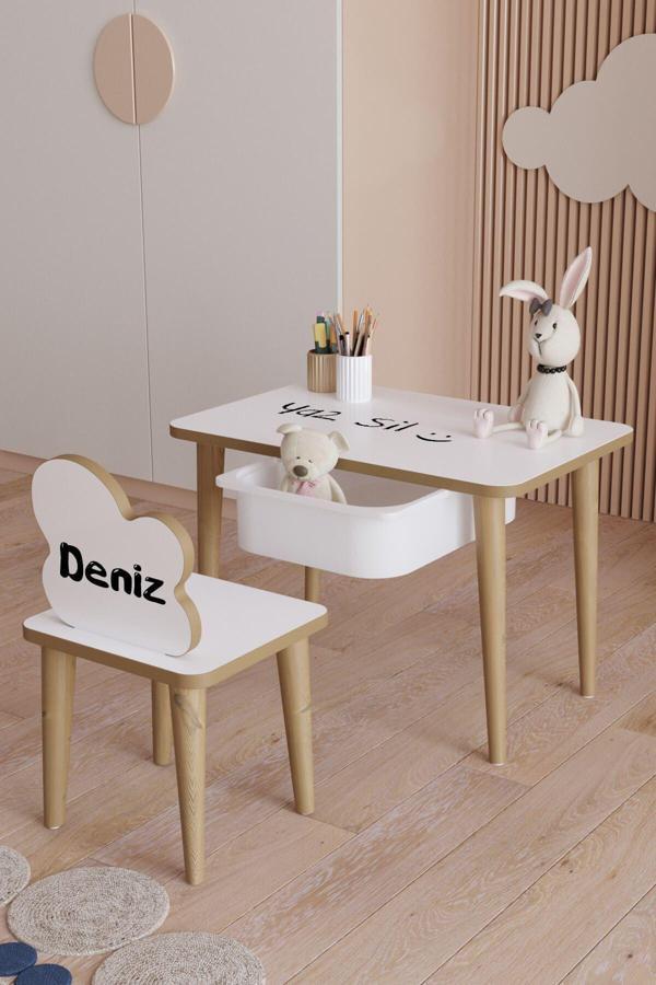 Yüceer Home Ücretsiz Özel Isimli Çocuk Masa Sandalye Çekmeceli Yaz Sil Oyun Etkinlik 1 Adet Masa 1 Adet Sandalye - Image 1