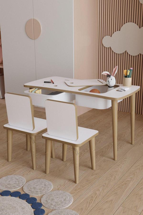 Yüceer Home Montessori Çocuk Masası Oyun Masası Aktivite Masası  2 Adet Sandalyeli 2 Çekmeceli - Image 1