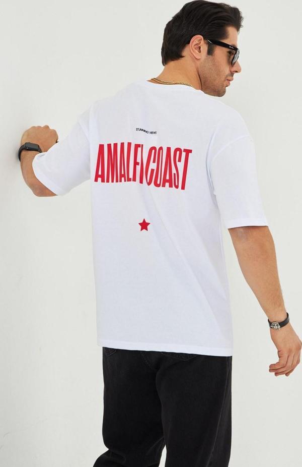 Amalfi Coast Baskılı Oversize Erkek Pamuklu Bisiklet Yaka Baskılı Tişört - Image 1