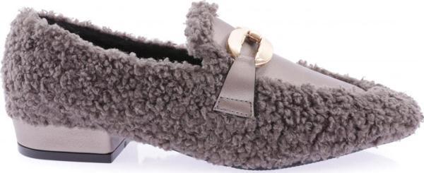 Metal Tokalı Peluş Kadın Loafer Ayakkabı Gri Peluş 6381535 - Image 1