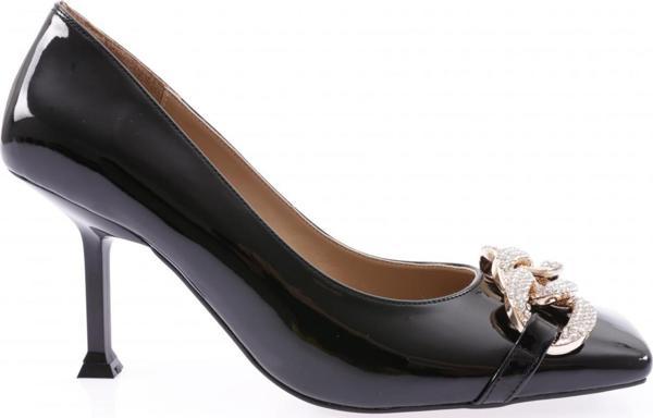 Kadın Köşeli Burun Zincir Tokalı Topuklu Ayakkabı Siyah Rugan 916721085 - Image 1