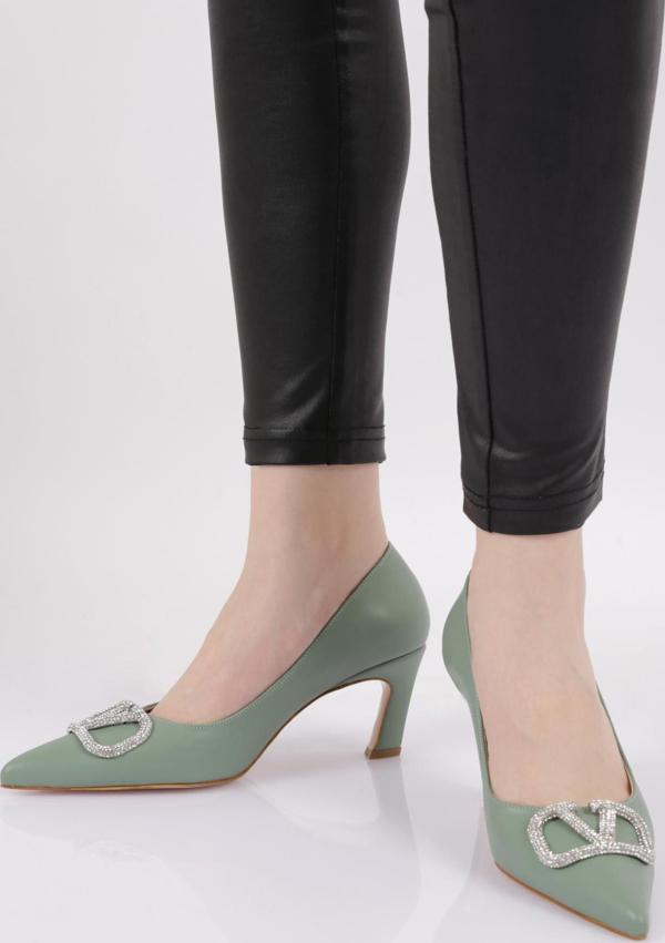 Kadın Sivri Burun Tokalı Stiletto Ayakkabı Yeşil 284421085 - Image 1