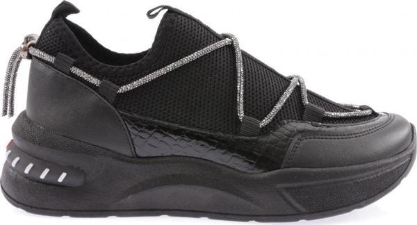Kadın Kalın Taban Fileli Lastik İp Detaylı Sneakers Ayakkabı Siyah 343102831 - Image 1