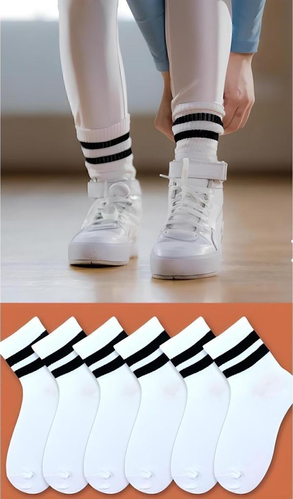 Ballet Beyaz Çizgili Kolej Çorap 6'Lı (Pamuk) - Image 1