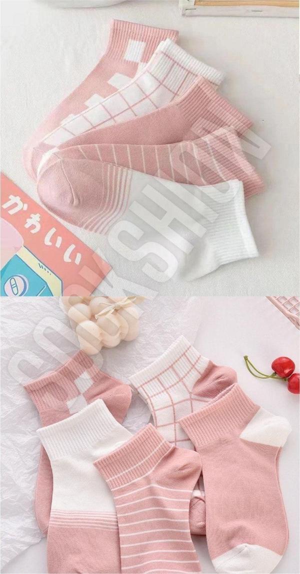 Sockshion Kadın Pembe Desenli Yarım Konç Kolej Çorap Seti - 5 Çift - Image 1