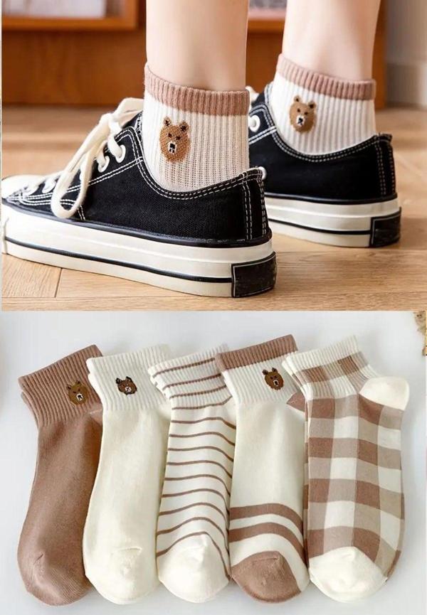 Sockshion Kadın Renkli Bear Desenli Patik Çorap Seti - Şık Ve Rahat Ayaklar İçin Patik Çorap 5 Çift - Image 1