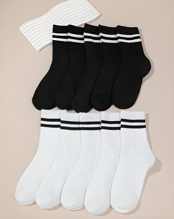 Ballet Unisex Beyaz Çizgili Kolej Çorap 10'Lu Paket (Pamuk) - Image 1