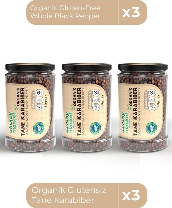 Ekoloji Market Organik Glutensiz Tane Karabiber 80 Gr X3 / Organic Gluten-Free Whole Black Pepper 80 Gr X3 - Image 1